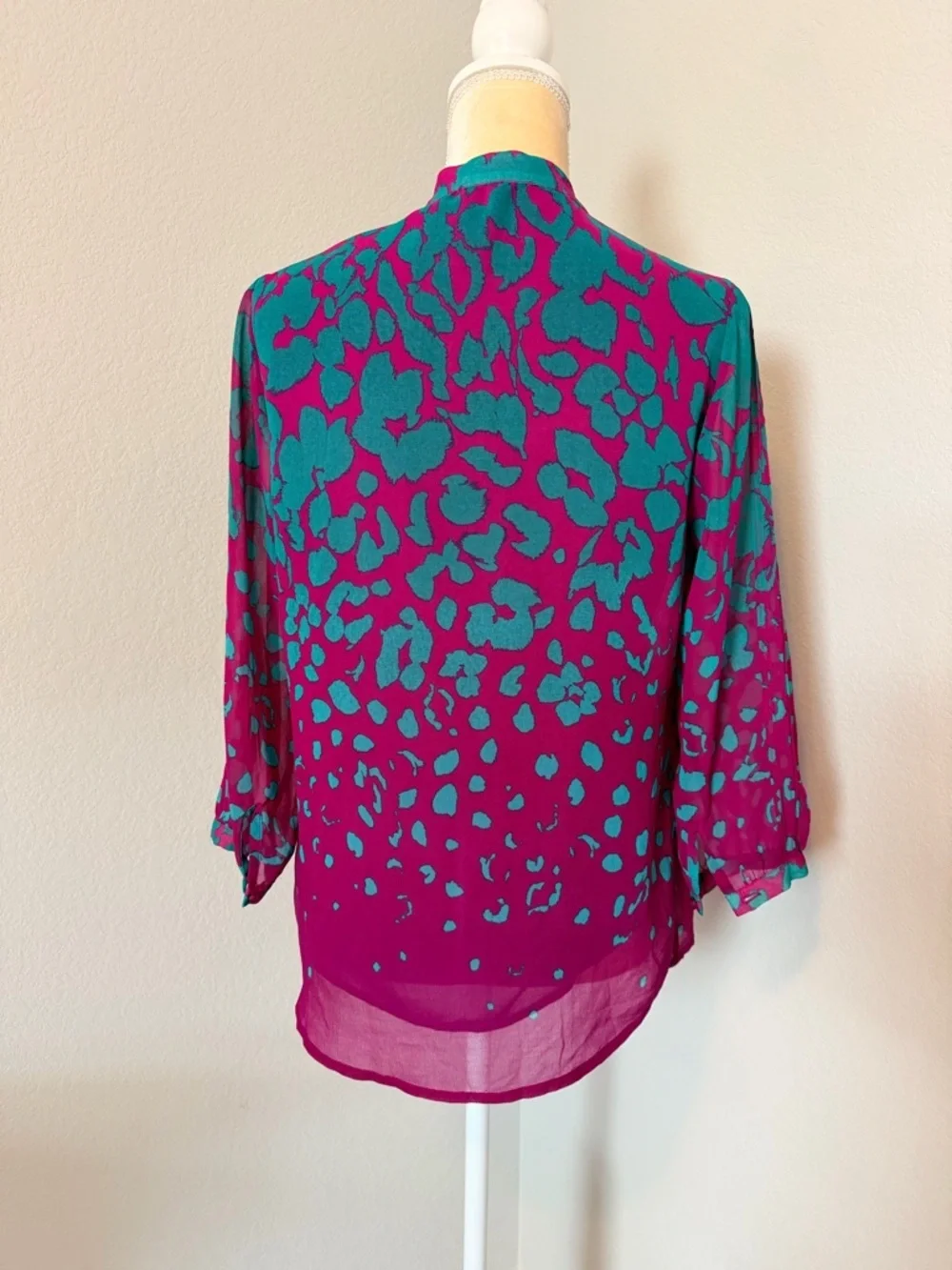 Calvin Klein Teal & Magenta Abstract Animal Print Chiffon Blouse - Picture 6 of 8